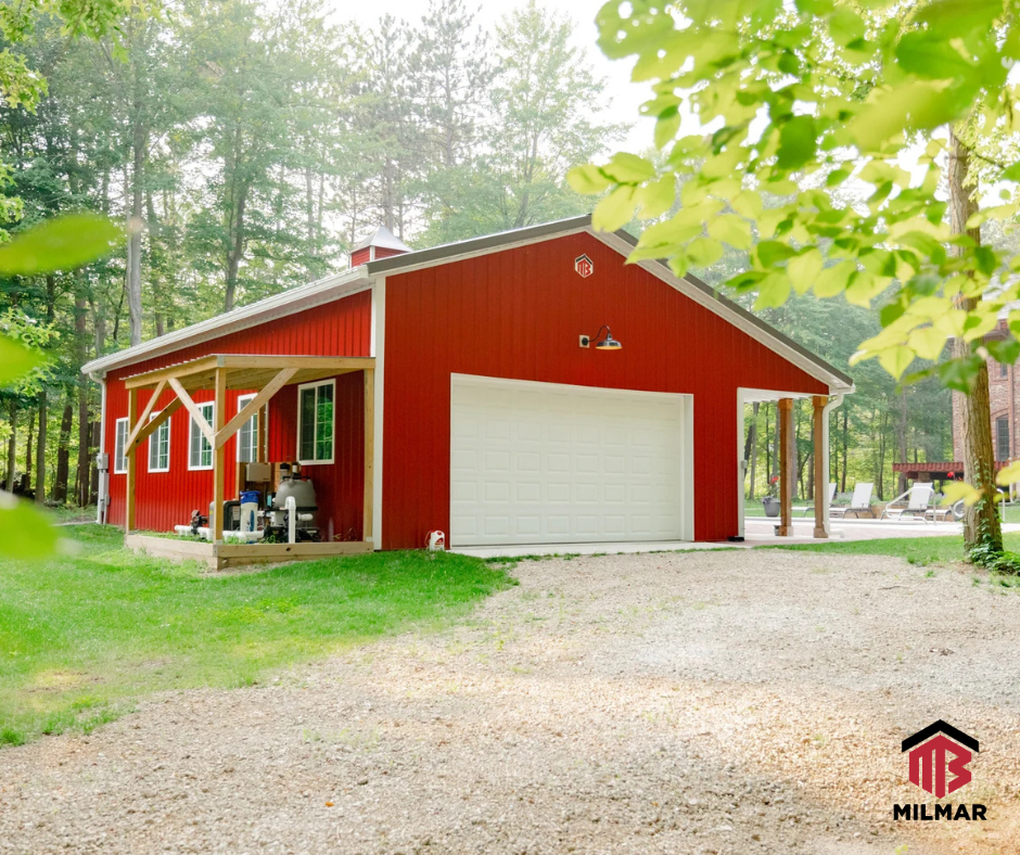 Post Frame Pool Barn Garage Building with Porch Red White Trim and Burnished Slate 24x42 Michigan City, Indiana LaPorte County