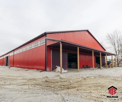 Proud Dyer IN Horse Barn Red and Burgundy Metal Building Riding Arena Pole Barn Post Frame 80x202x18 Stables Porch and Light Panels