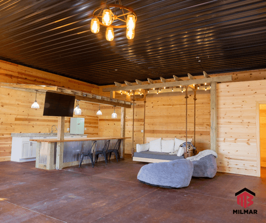 Red and Black 30x40x12 Valpo Indiana Pole Barn Post Frame Builder Milmar Buildings Interior Black Ceiling Wood Walls