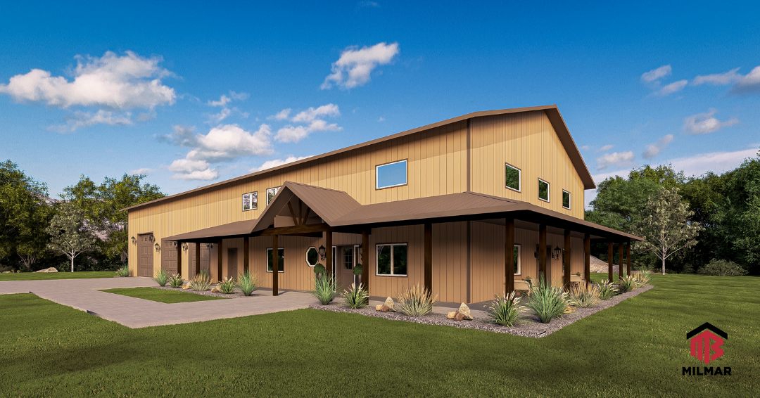 SM 3D Designs Rendering Dowagiac, Cass County MI Barndominium Metal Building Home Post Frame 18x112x48 Porch, Two-Story Loft