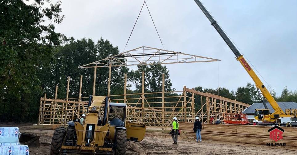 Social Media Post Frame Pole Barn In Construction Progress Commercial Warehouse with Office in Michigan