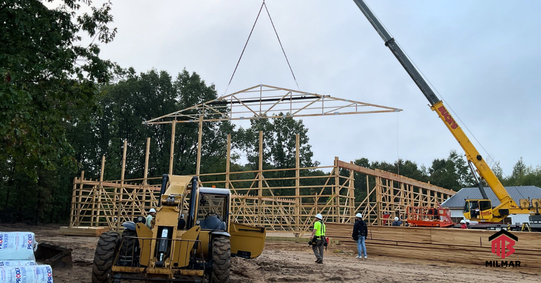Social Media Post Frame Pole Barn In Construction Progress Commercial Warehouse with Office in Michigan