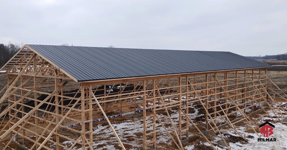 Under Construction Charcoal Frost Black Frost Barndominium Heigl Metal Post Frame Building 98x38x18.5 Home With Porch and Second Floor Loft Attached Garage Winamac Indiana