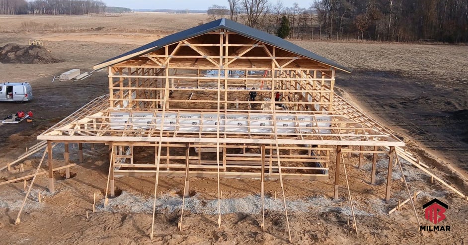 Under Construction Charcoal Frost Black Frost Barndominium Heigl Metal Post Frame Building 98x38x18.5 Home With Porch and Second Floor Loft With Garage Winamac Indiana