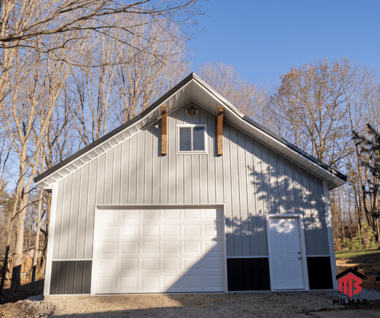 Valpo IN Milmar Build Black Gray White Garage Space 26x40x10 With Attic Space Cedar Accents Eyebrows French Doors Widows Peak