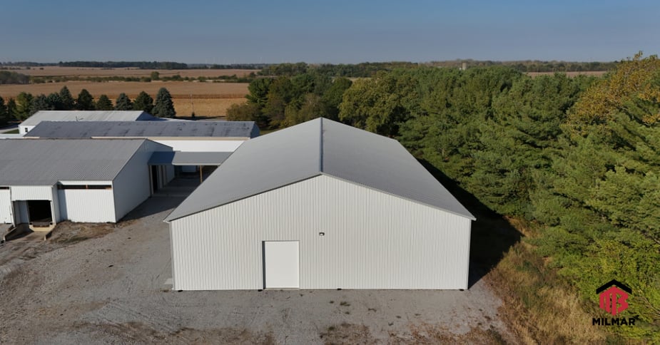 White County Monon Indiana Post Frame Commercial Warehouse Storage Pole Barn by Milmar Buildings 80x149x20 Porch and Clear Panels Aerial View