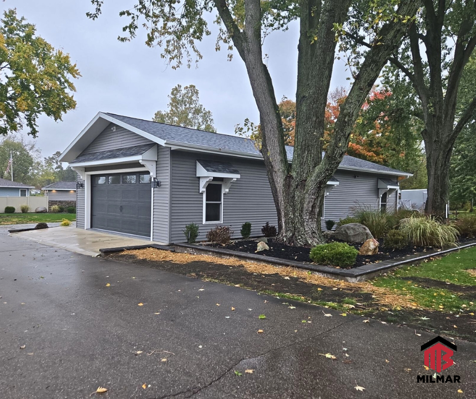 25x56x10.5-Detached-Garage-Post-Frame-Gray-Vinyl-Siding-Shingles-Eyebrowns-Cedar-Braces-in-Van-Buren-County-MI