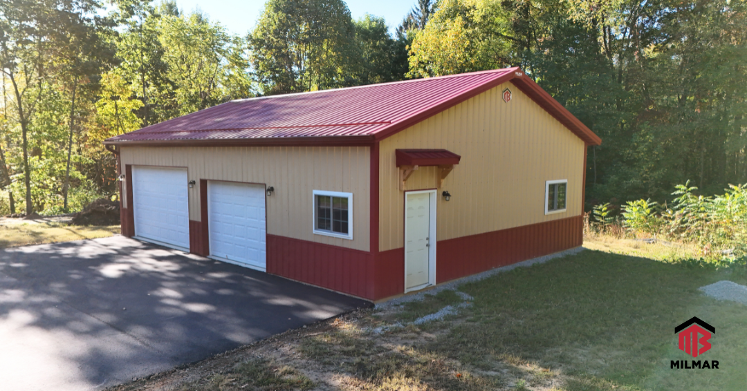 Red and Tan Pole Barn Post Frame Garage in Michigan by Milmar Buildings