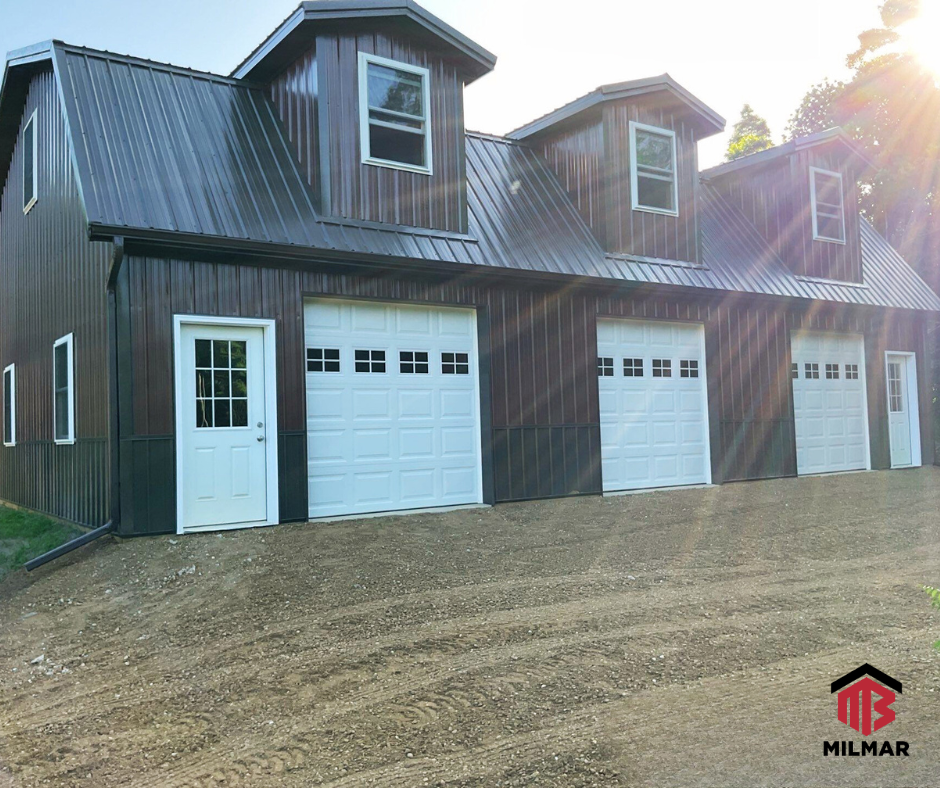 30x48x10 Brown and Burnished Slate Gambrel Pole Barn Building Garage with Dormers 3 Garage Doors Concrete Pad