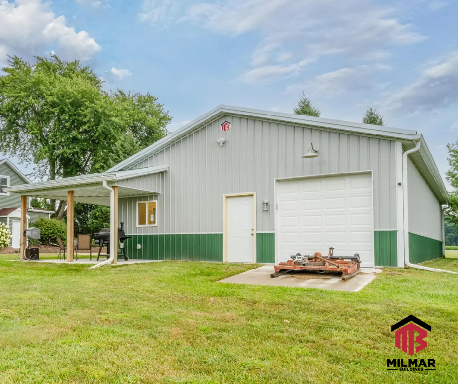 30x60x10 Milmar Buildings Post Frame Garage Shop Pole Barn Front Side View Green Gray and Bright White Trim