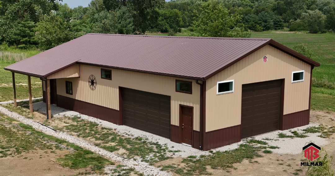 30x60x12 Tan and Brown Post Frame Garage Storage Pole Barn by Milmar Buildings Will County, Illinois Side Front View