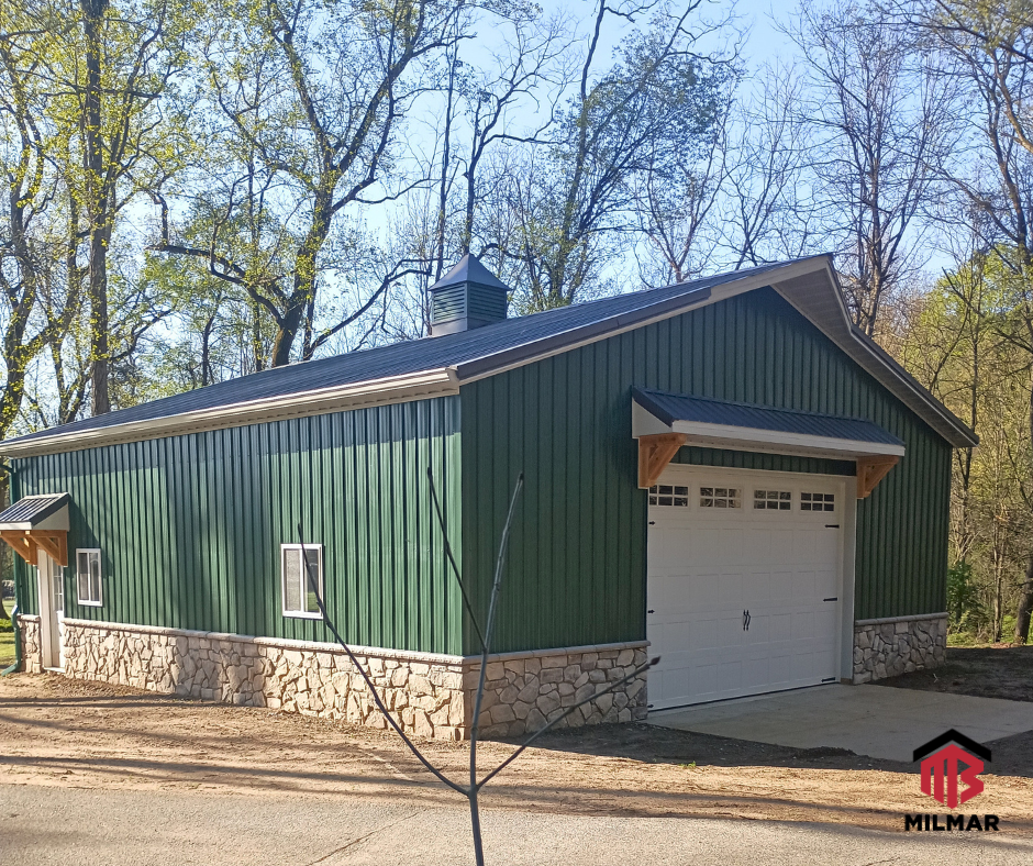36x40x12-Post-Frame-Detached-Garage-Evergreen-Charcoal-Cupola-Stonework-Eyebrows-Cedar-Corbel-Neal