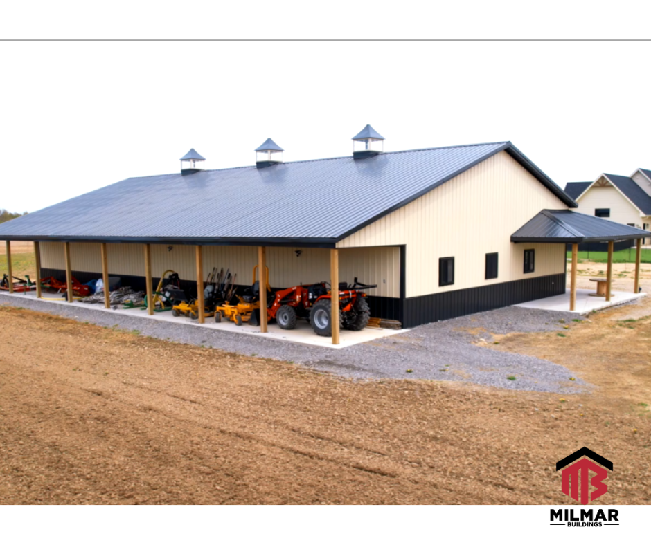 40x80 Dream Shop Garage Metal Building Ivory and Black by Post Frame Builder Milmar Buildings With Porches