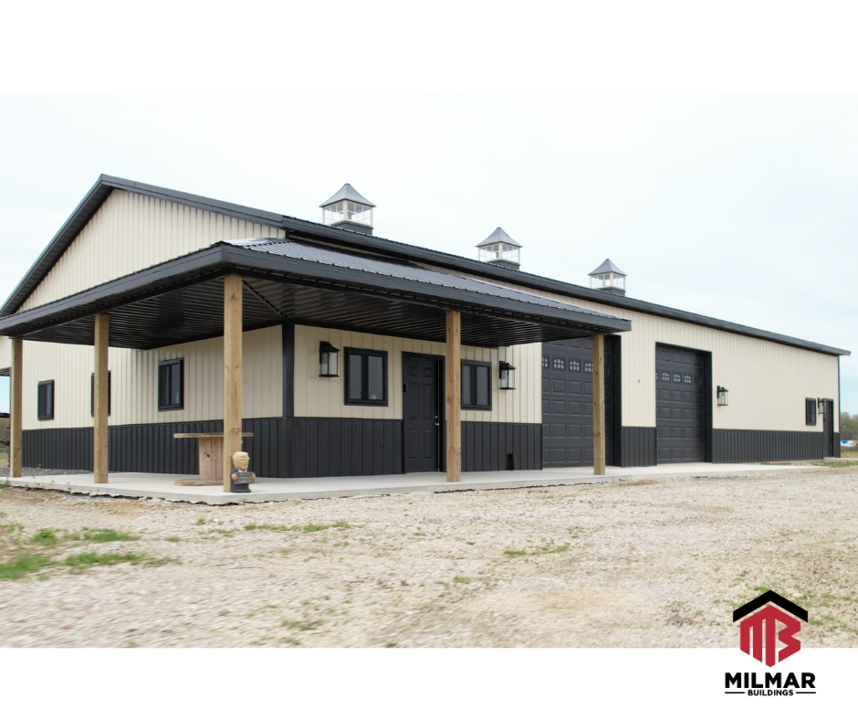 40x80 Dream Shop Garage Metal Building Ivory and Black by Post Frame Builder Milmar Buildings