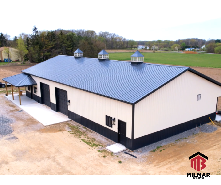 40x80 Equipment Shed Shop Garage Metal Building Ivory and Black by Post Frame Builder Milmar Buildings