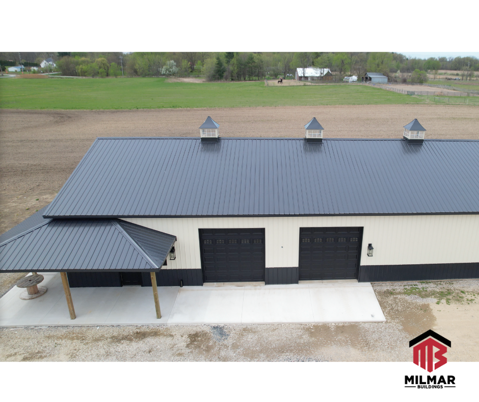 40x80 Roof Shop Garage Metal Building Ivory and Black by Post Frame Builder Milmar Buildings