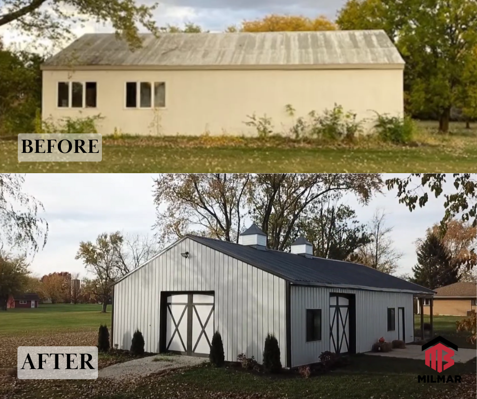 Before After Black and White Milmar Buildings Pole Barn Reno