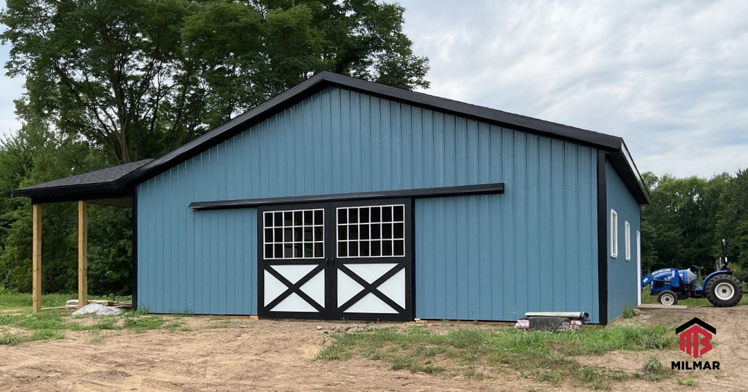 Blue and Shiny Black with Custom Silvercraft Sliding Doors Post Frame Pole Barn 36x30x10 Van Buren County Michigan