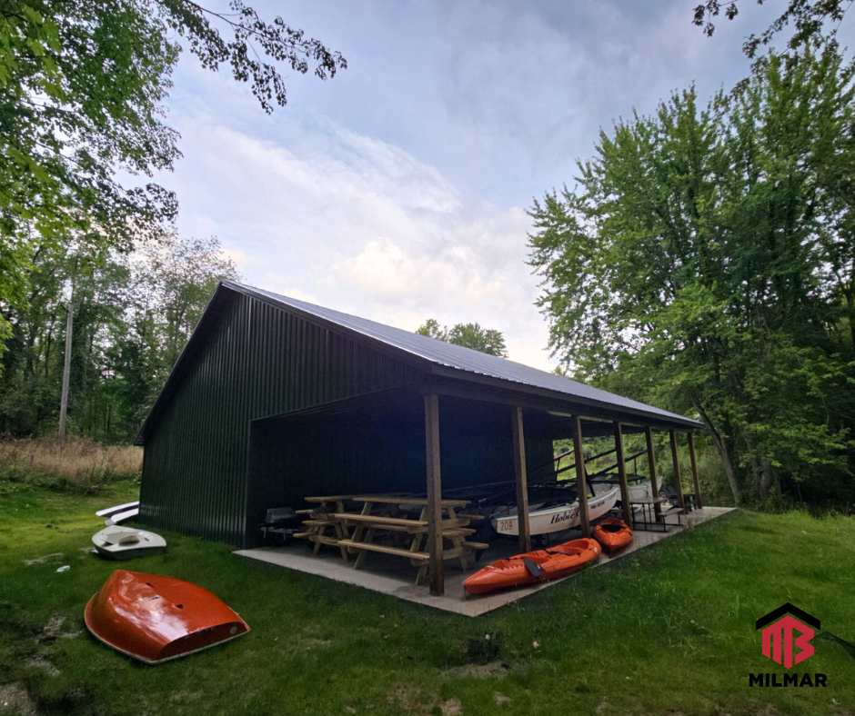 Boathouse Evergreen Charcoal Lean-to Porch Custer MI Mason County Post Frame Pole Barn 30x48x10 or 48x50x10 w-Attic and Porch Front View
