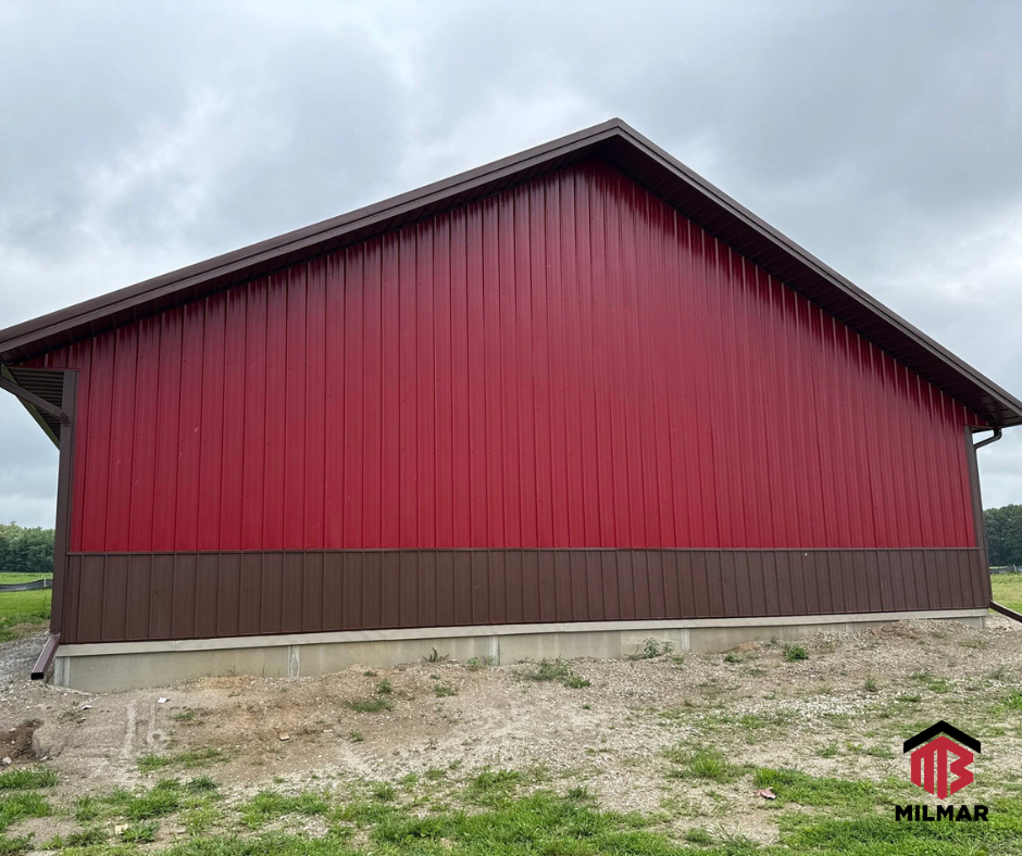 Brown and Dark Red Barndominium Post Frame Home in Progress Greenfield, IN