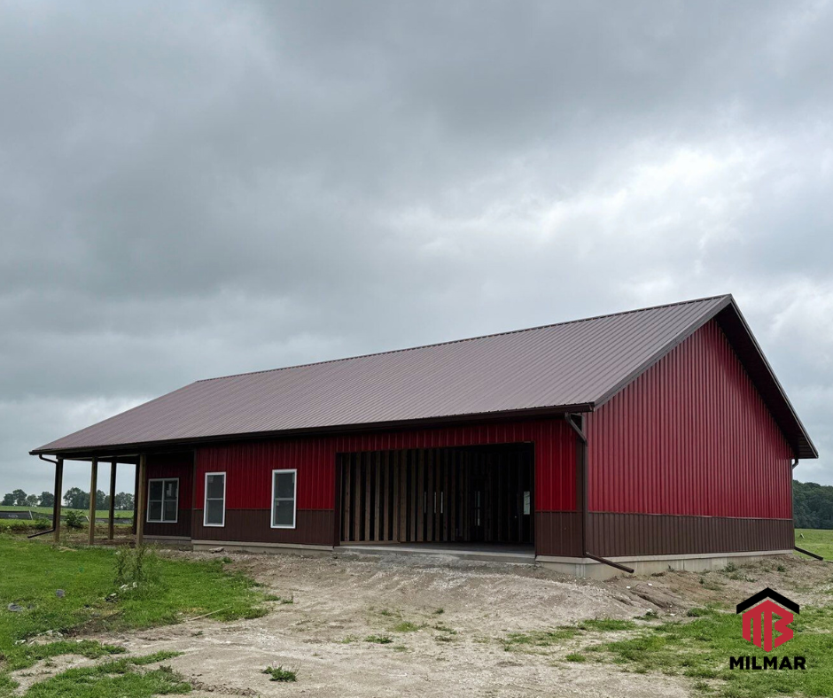 Brown and Dark Red Barndominium Post Frame Home in Progress Greenfield, Indiana