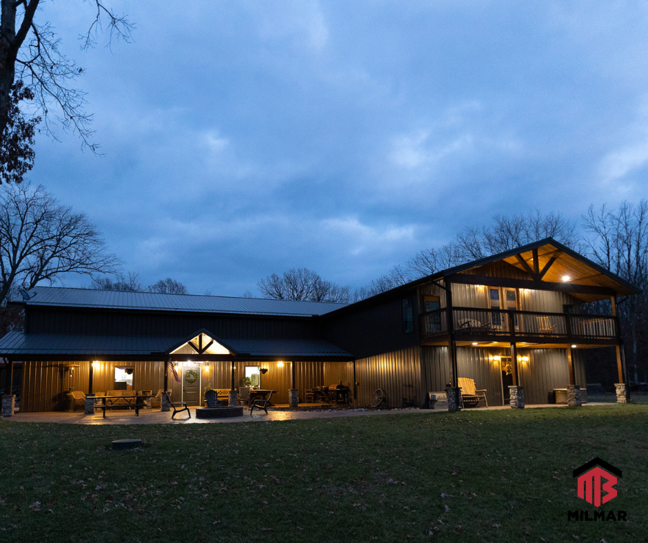 Burnished Slate Charcoal Exterior Barndominium Home with Large Garage Shop Man Cave Attached Stamped Concrete Porch Patio Balcony Two-Story 40x80x16 30x30x16 Night Lights