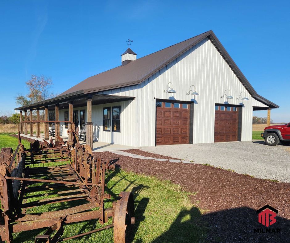 Burnished Slate and White Barndominium Post Frame Pole Barn Home 2 Bed 1 bath Lean-to porches Oak Garage Doors Ohio