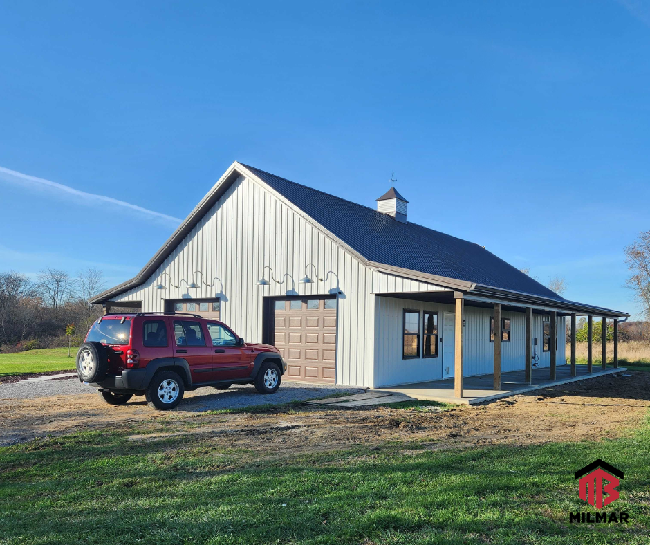 Burnished Slate and White Barndominium Post Frame Pole Barn Home 2 Bed 1 bath Two Lean-to porches Ohio