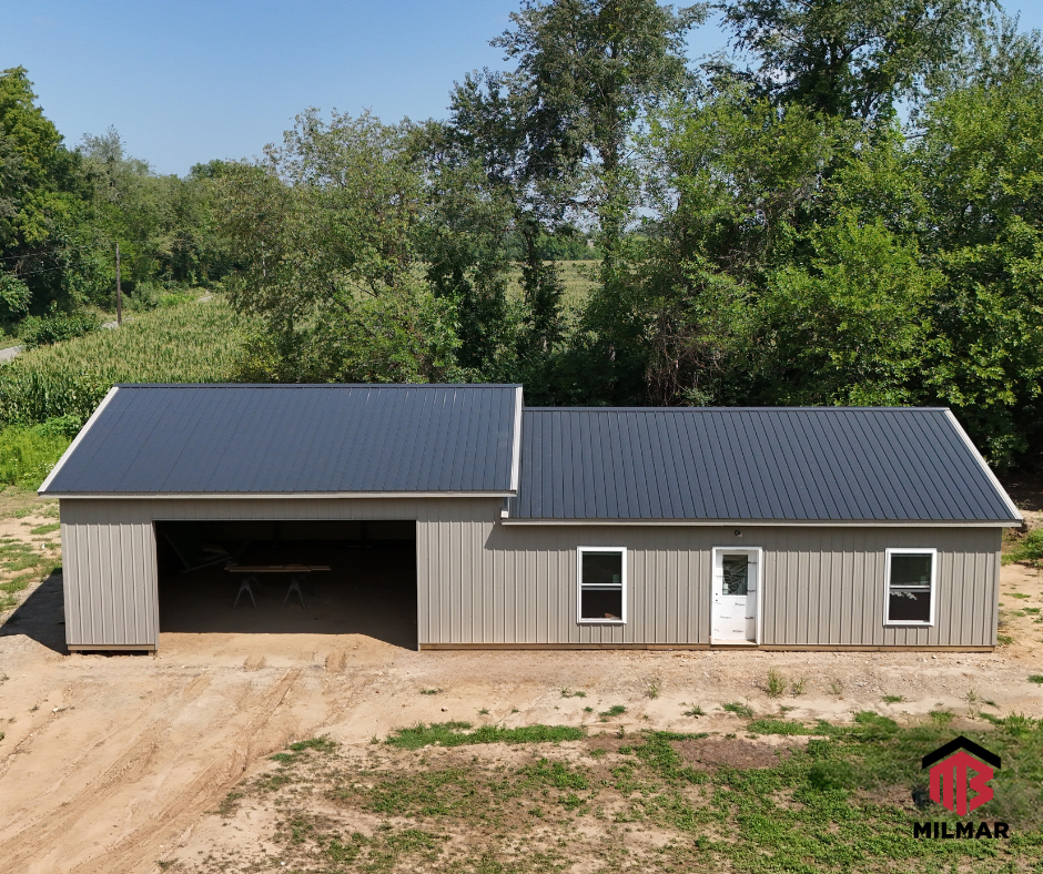 Clay and Black Barndominium Post Frame Home Pole Barn Building by Milmar Buildings 30x64 1 bed 1 bath home with garage
