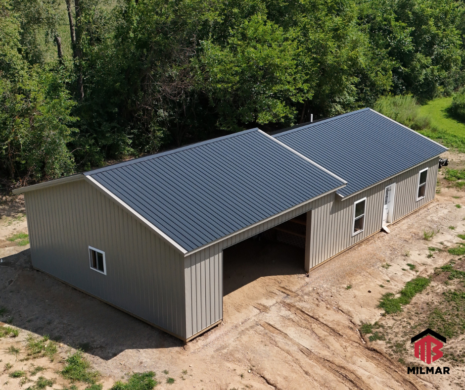 Clay and Black Barndominium Post Frame Home Pole Barn Building by Milmar Buildings 30x64 1 bed 1 bath with garage