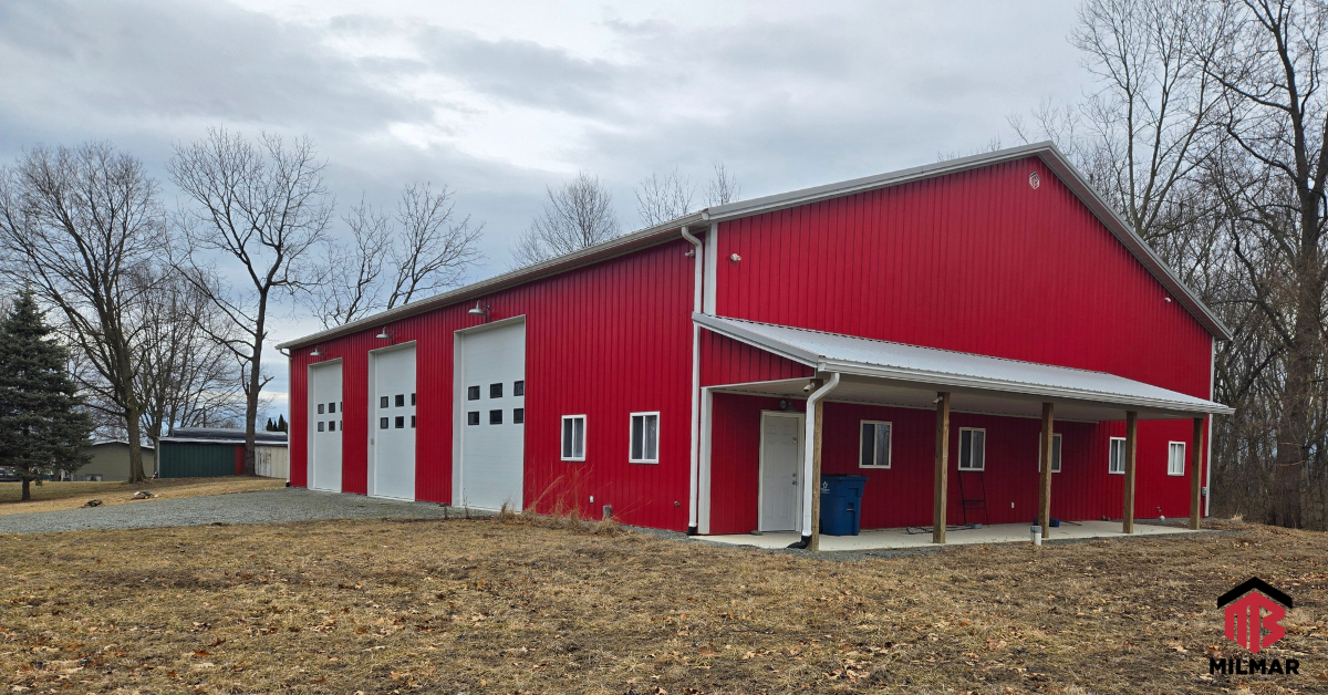 Culver IN Post Frame Garage Pole Barn 60x80x16 Crimson Red, Gray Roof, White Trim, 40 ft lean to porch