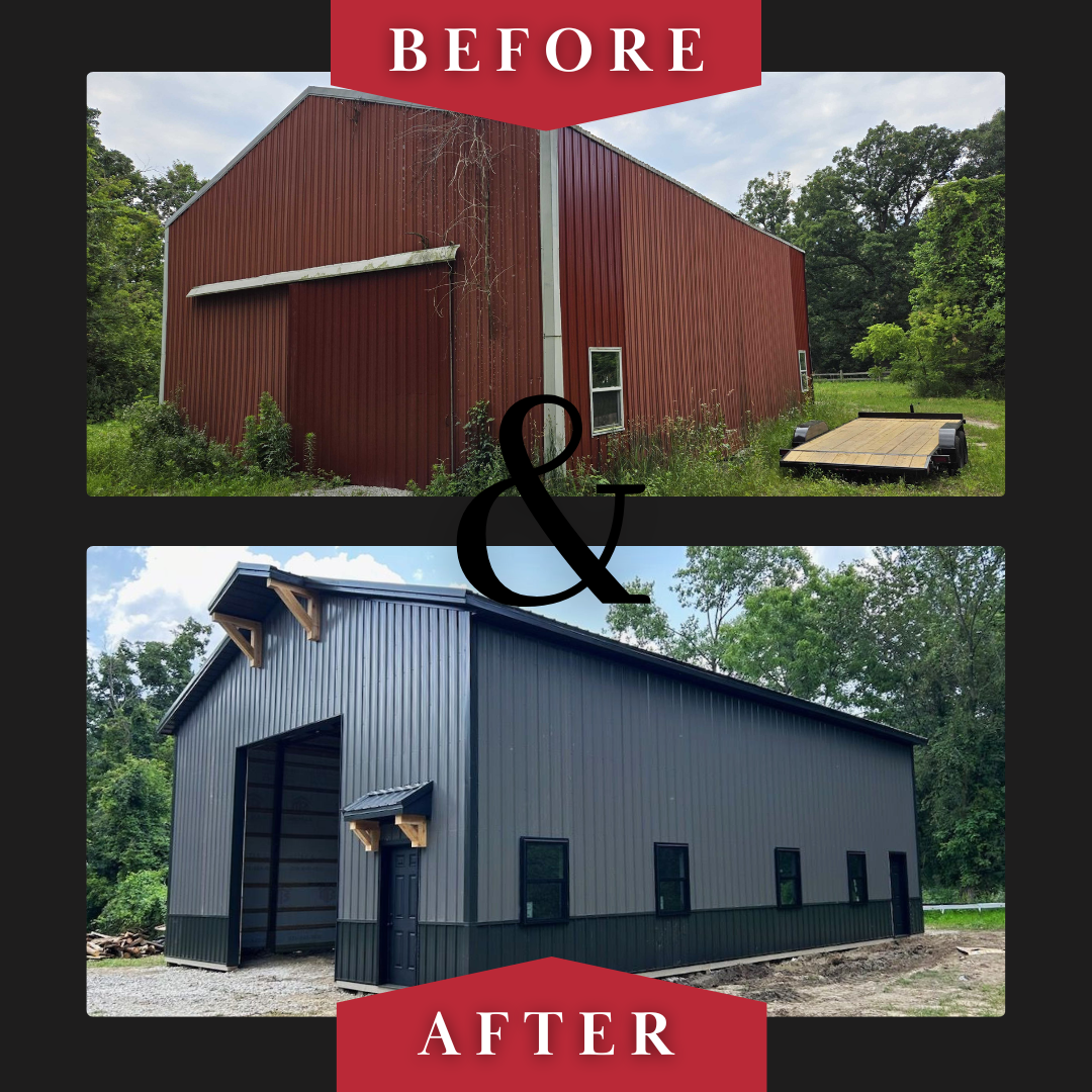 Before and after of a pole barn garage renovation and repair project
