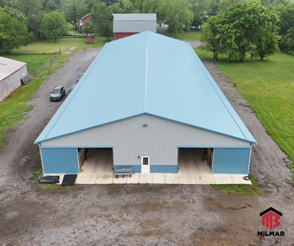 EE Horse Barn Equestrian Facility by Post Frame Pole Barn Builder Milmar Buildings 70x72 Stables 70x120 Arena