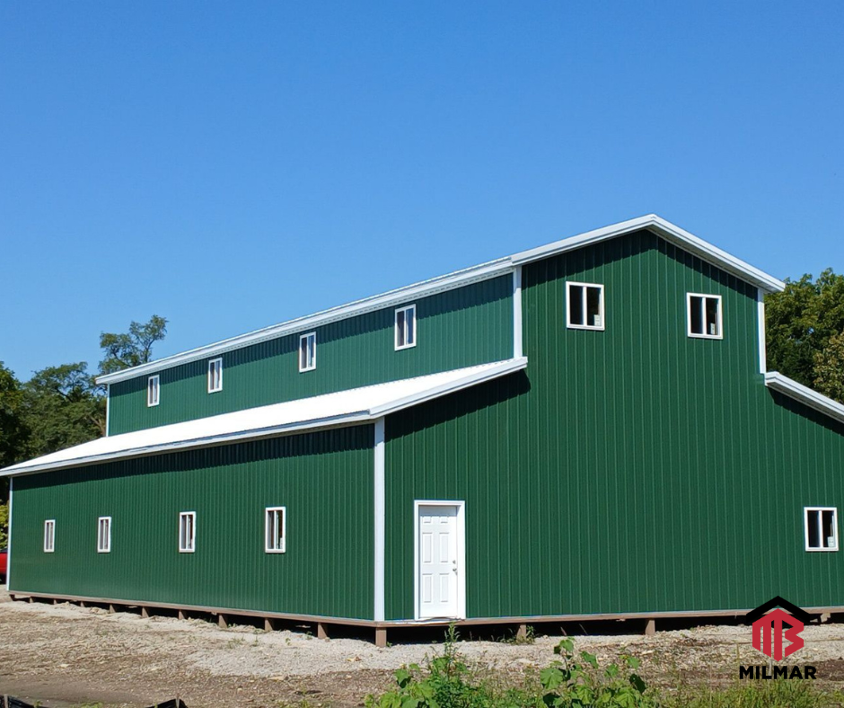 Evergreen and Bright White Monitor Style Post Frame Pole Barn Horse Barn by Milmar Buildings 20x80x22 Lockport, IL Rear View