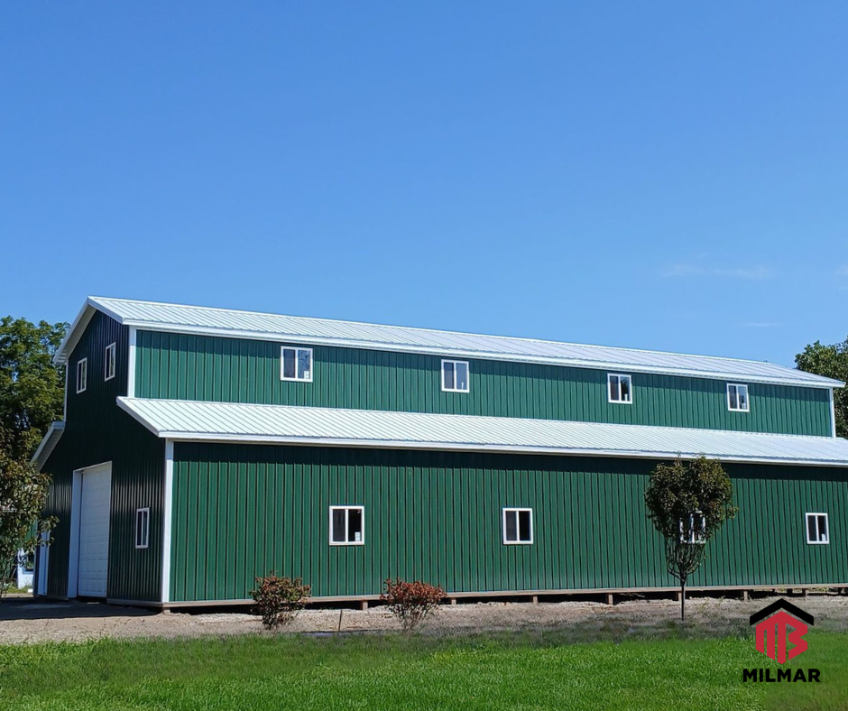 Evergreen and Bright White Monitor Style Post Frame Pole Barn Horse Barn by Milmar Buildings 20x80x22 Will County Illinois