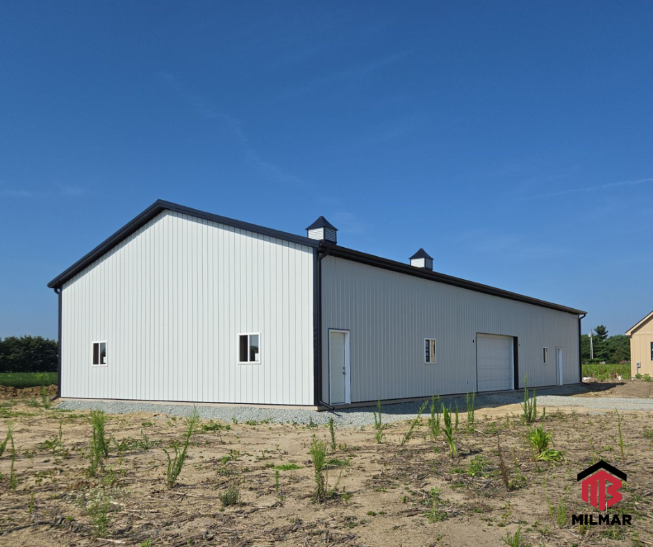 Exterior Metal Building Garage Cupolas Shiny Black and Bone White Large Storage Warehouse Indiana