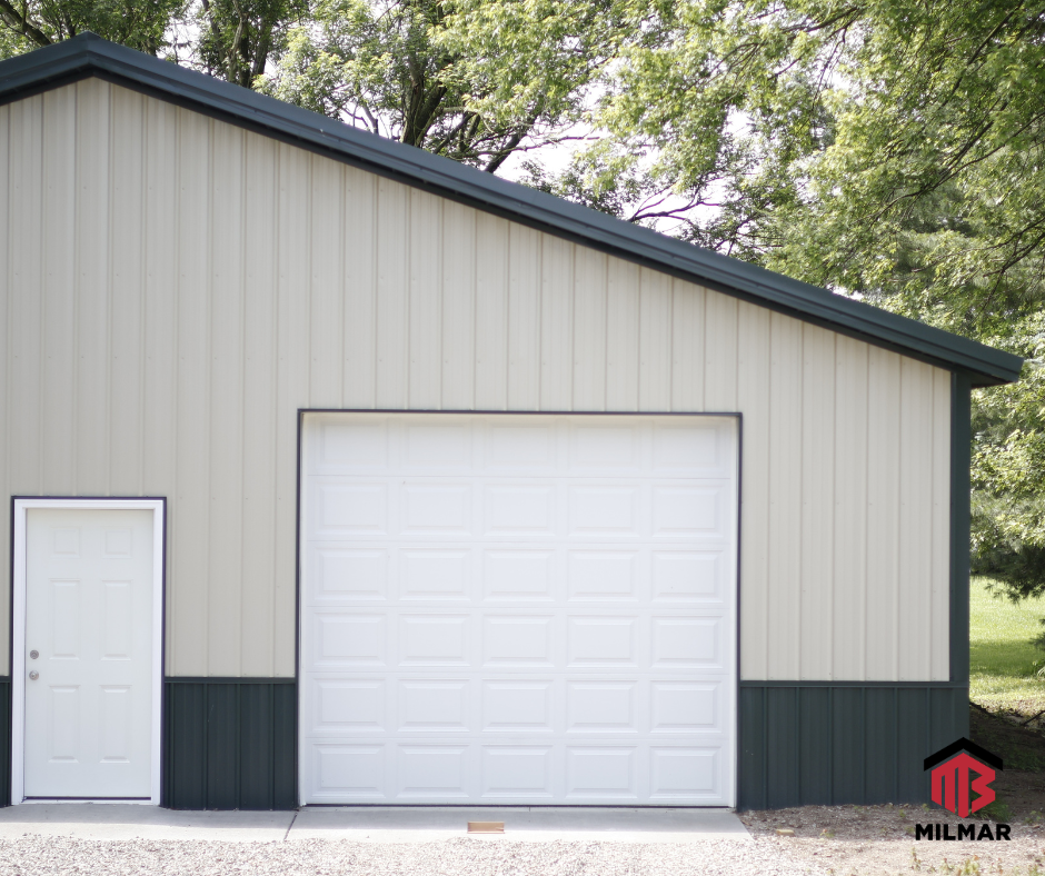 Garage Pole Barn Post Frame Building by Milmar Buildings in Central Indiana with White Garage Doors