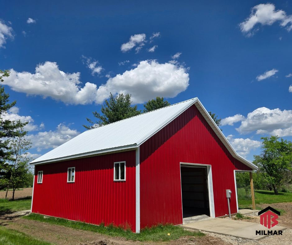 FB Crimson Red Bright White Pole Barn with slab 30x40x12 Michigan