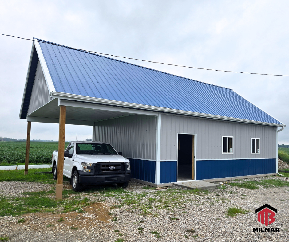 Grey Gallery Blue and White Trim Post Frame Building Pole Barn 24x30x10 with 12x24 Porch Montgomery County Indiana