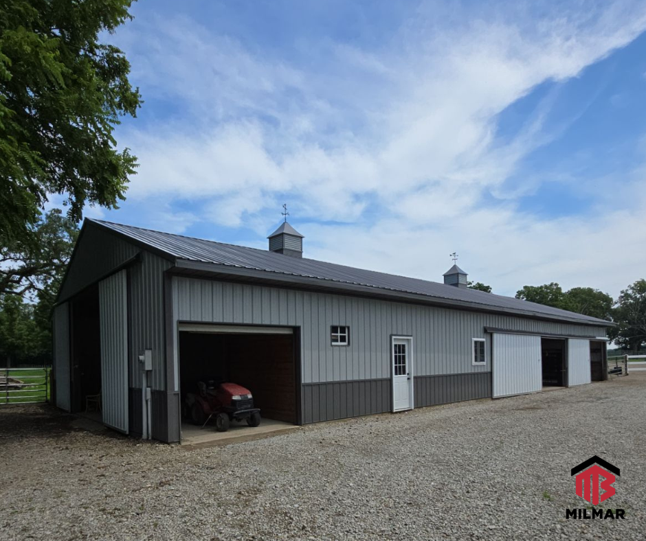 Horse Barn Reskin Renovation Repair Post Frame Pole Barn by Milmar Buildings Gray and Charcoal