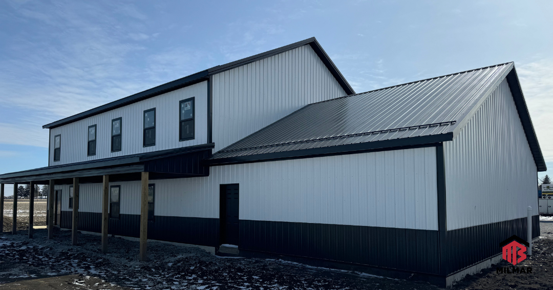 Illinois Post Frame Home Barndo by Milmar Buildings Cottage Panel Board and Batten Bright White and Shiny Black