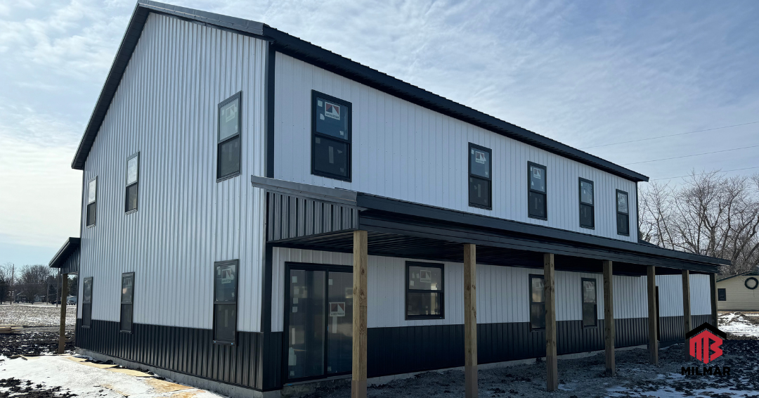 Illinois Post Frame Home Barndo by Milmar Buildings Cottage Panel Board and Batten Shiny Black and Bright White