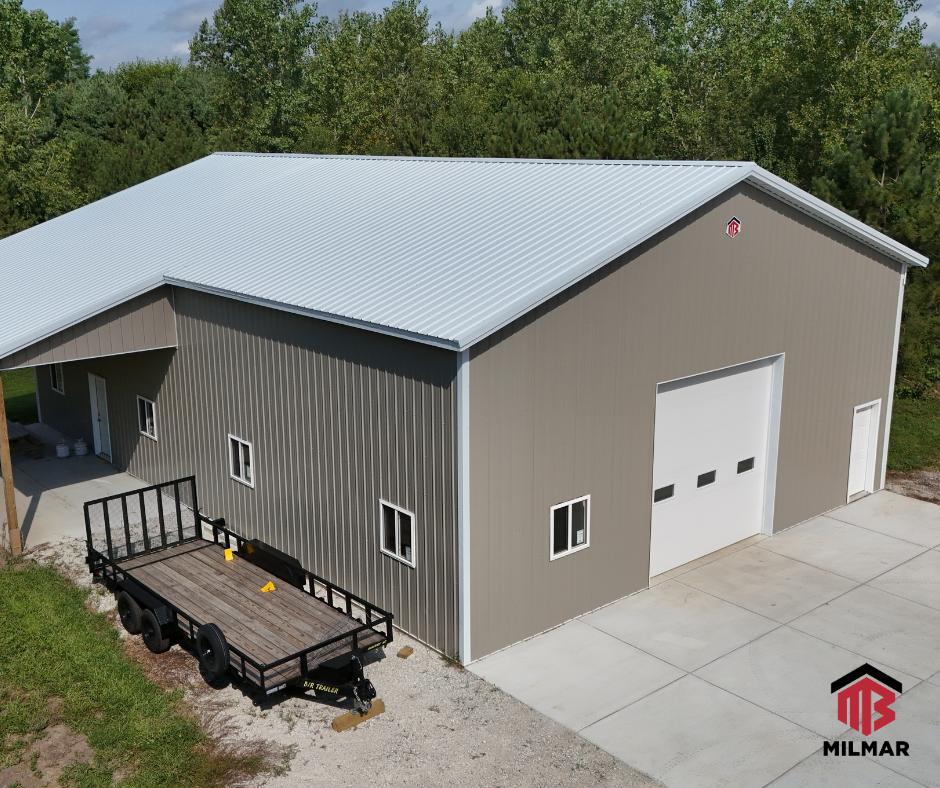 LI 40x60x16 Bright White and Clay Garage with Porch Metal Outbuilding Pole Barn Post Frame by Milmar Buildings