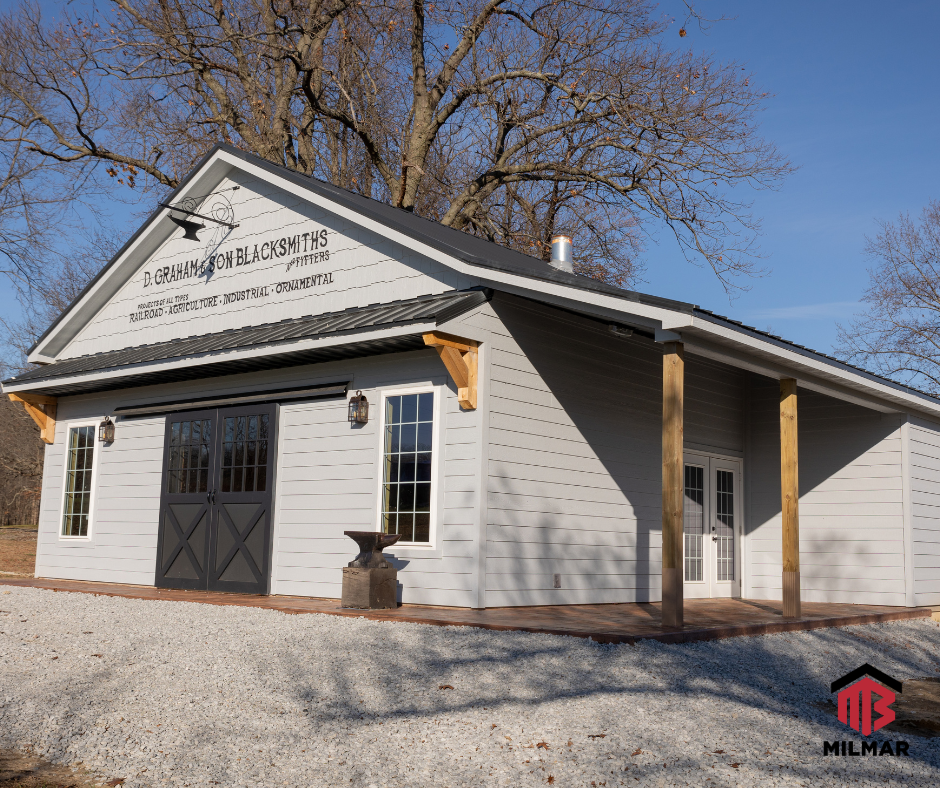 La Porte IN 38x36x12 Post Frame Museum Pole Barn Building Hardie Board Siding Painted With Sliding  Doors, Eyebrows, Pine Interior, Cedar Accents, Lean-To Porches and Stamped Concrete Black Metal Roof Blacksmith Shop Hesston