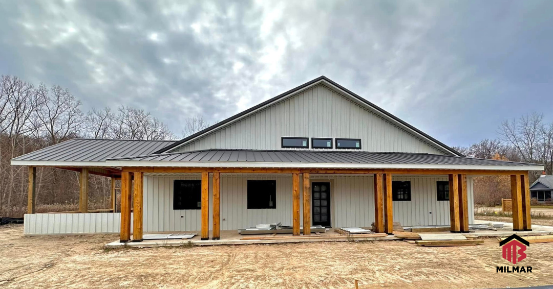 Milmar Home Barndominium Post Frame White Frost Black Frost Faux Standing Seam Roof Panels Board Batten-Cottage Panels Cedar Beam Porch
