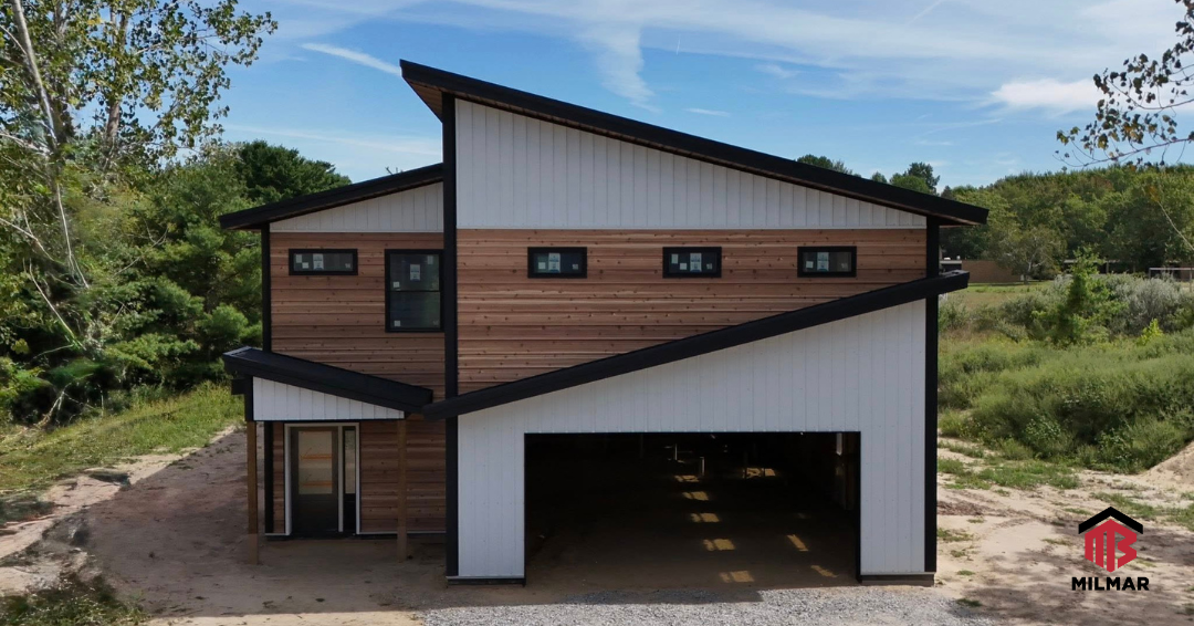 Milmar Homes Metal Building Home Post Frame Home Modern Monoslope Luxury Barndominium White, Black, and Wood Grain Metals
