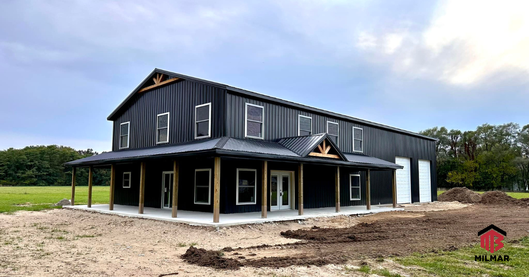 Milmar Post Frame Home Barndominium Exterior Black Two Story 38x82x18 Cedar Accent Corner Wrap Porch