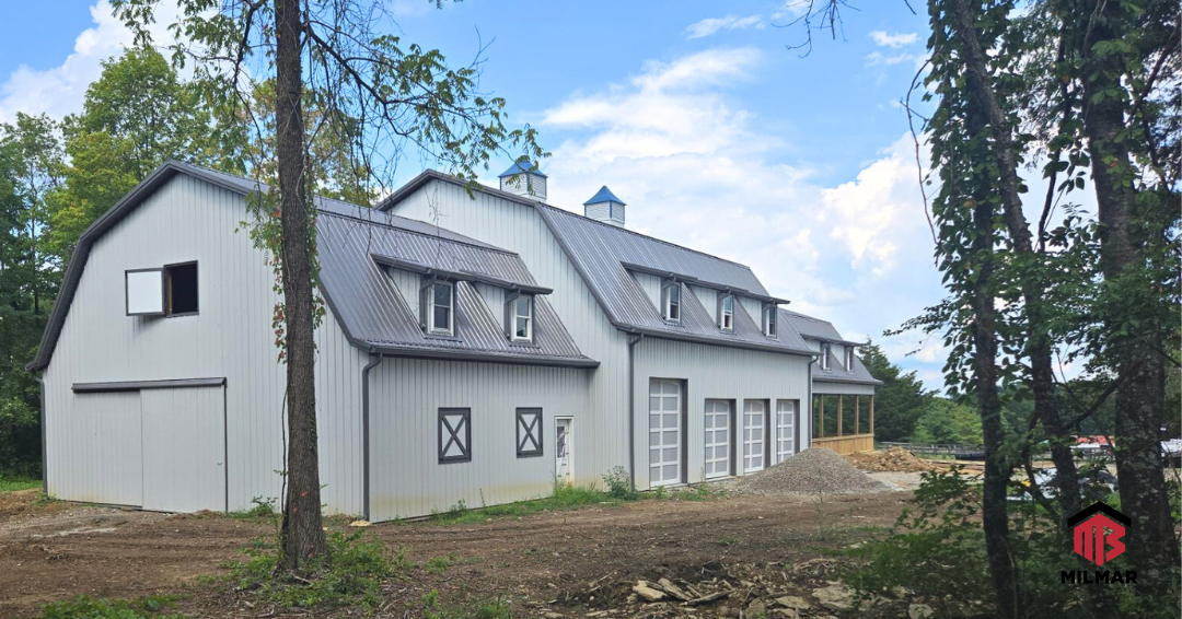 Gray and White Pole Barn Building by Milmar Buildings in Ohio