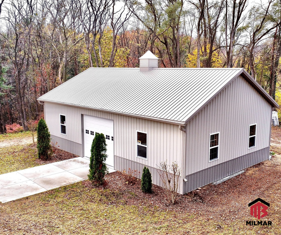 Stone and Clay 30x48x12 Garage Storage Barn Shed Milmar Build Cupola Overhead Door Wainscot Post Frame Builder