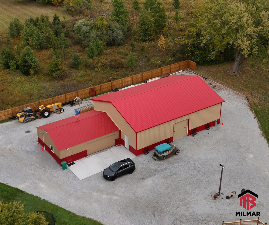 Tan and Crimson Red 40x54x13 Post Frame Metal Building Pole Barn Garage Barn Addition by Milmar Buildings Crown Point, IN